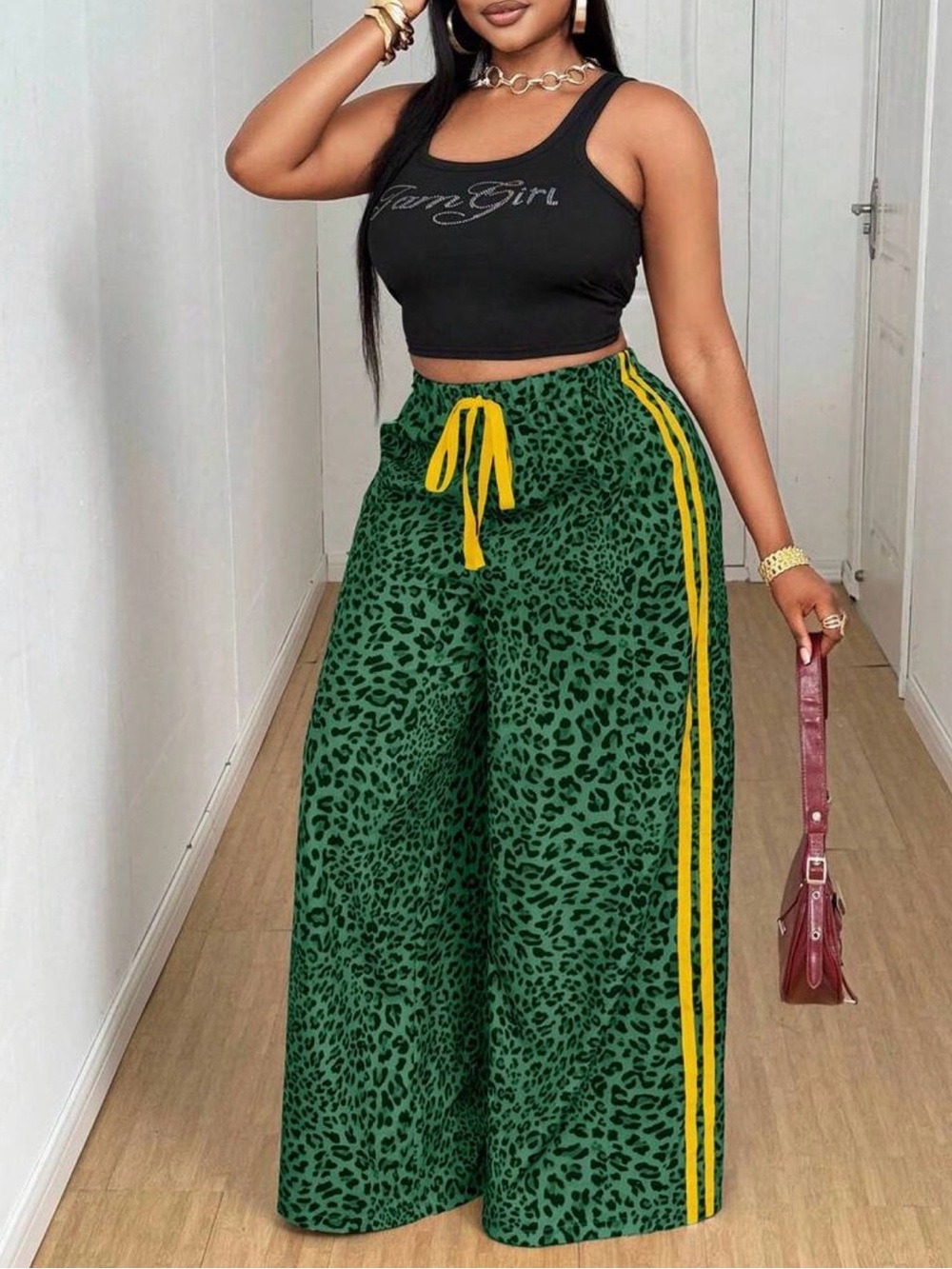 SHEIN Green Leopard Wide-Leg Track Pants with Yellow Side Stripes